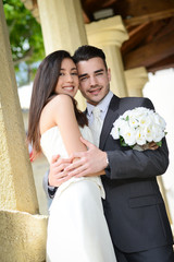 wedding cheerful married young couple bride and groom