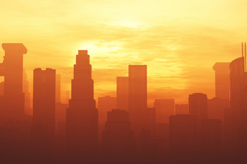 Fototapeta na wymiar Huge Smoggy Metropolis in the Sunset Sunrise 3D artwork