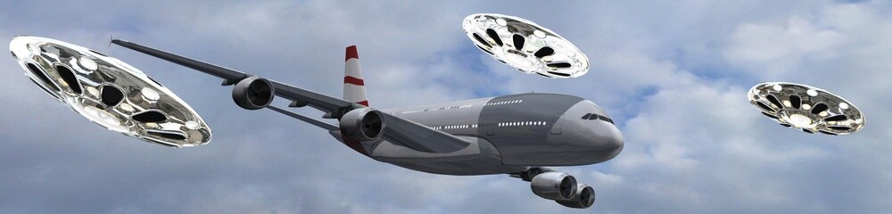   Passenger airplane escorted by flying saucer in the sky © Riko Best