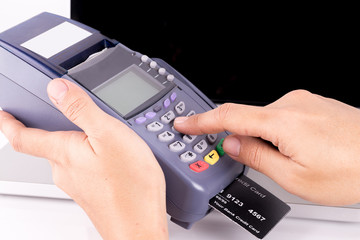 Hand With Credit Card Swipe Through Terminal For Sale