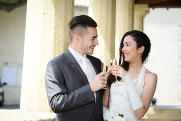 wedding cheerful married young couple bride and groom
