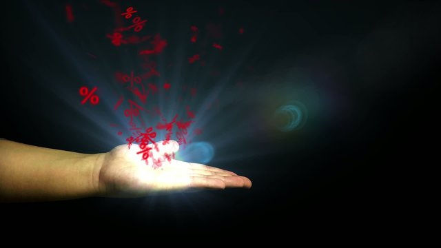 Hand and red percentage symbol. big discounts
