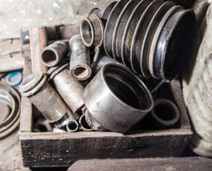 Detail of different metallic bolts and nuts