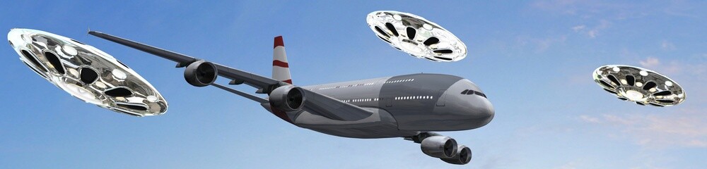 Passenger airplane escorted by flying saucer in the sky