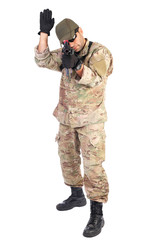 Young soldier with one ram raised ready to fight