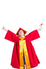 Cute Little Boy Wearing Red Gown Kid Graduation With Mortarboard