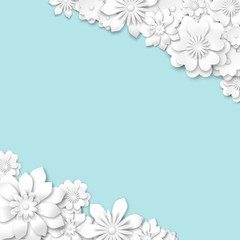 abstract blue wedding background with white 3d flowers
