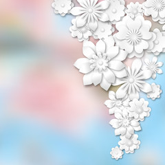 Fototapeta na wymiar white 3d flowers on abstract blurred background
