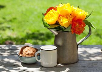 Colorful tulips in watering can, cookies and milk