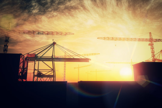 Industral Area and Cranes in the Sunset Sunrise 3D artwork
