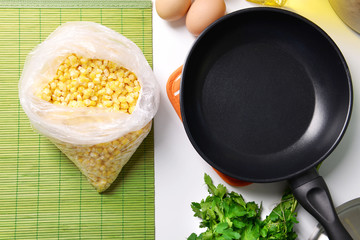 Ingredients for cooking on kitchen table close up