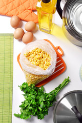 Ingredients for cooking on kitchen table close up