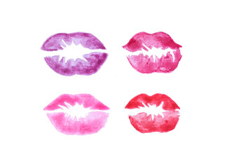 Hand drawn watercolor set of female red and pink lips isolated