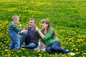 Young family walking on a spring meadow with yellow flowers