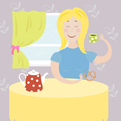 Obraz na płótnie Canvas girl drinks tea illustration