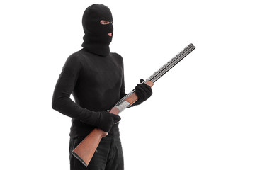 Dangerous criminal holding a shotgun rifle isolated on white bac