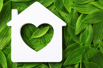 Wooden house on green leaves background