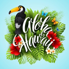 Aloha Hawaii. Hand lettering with exotic flowers. Vector © vik_y