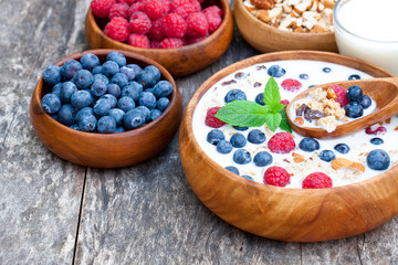 healthy breakfast muesli with berries and milk in wooden plate