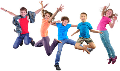 happy dancing jumping children isolated over white background