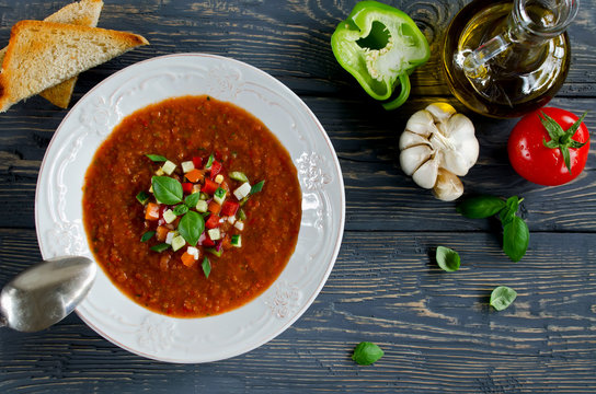 Fresh gazpacho on a wooden table