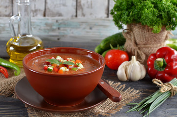 Fresh gazpacho on a wooden table