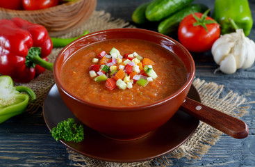 Fresh gazpacho on a wooden table