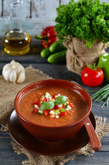 Fresh gazpacho on a wooden table