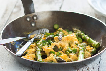 Green asparagus with egg in a frying pan.