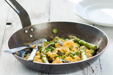 Green asparagus with egg in a frying pan.