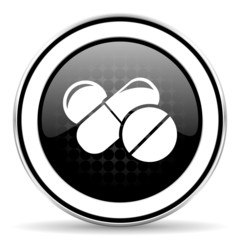 medicine icon, black chrome button, drugs symbol, pills sign