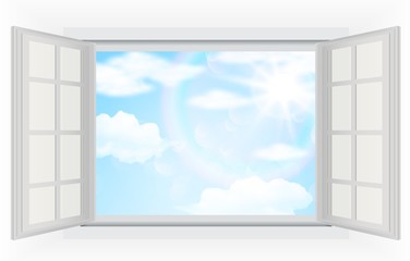 Open window, with real bright sunlight, clouds and blue sky