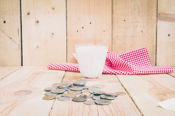 Glass of milk with coins on wooden background