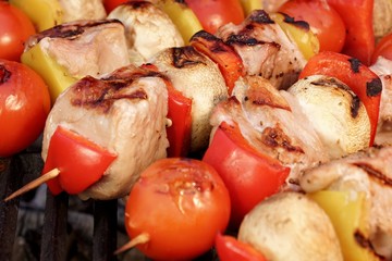 Assorted Meat And Vegetables Kebabs On The Hot BBQ Grill