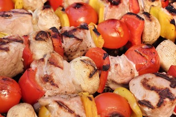 Assorted Meat And Vegetables Kebabs On The Hot BBQ Grill