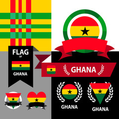 Set of Ghana flag, emblem and pattern background.
