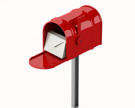 3d Red mail box with heap of letters.