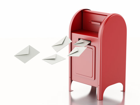 3d Red mail box with heap of letters.