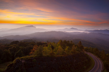 Silhouette Sunrise over Doi Inthanon National park at Chiang Mai