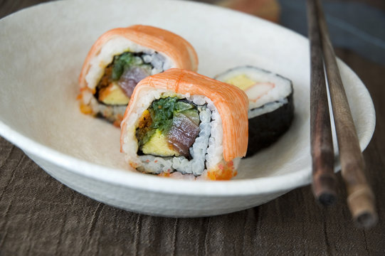 close up sushi on dish