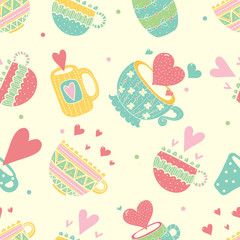 Cute cups. Vector seamless pattern.