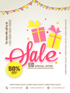 Shiny sale poster, banner or flyer for Eid celebration.