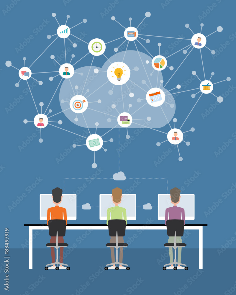 Poster people business working on cloud network connection