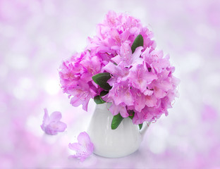 Still Life with rhododendron flowers in white jug.