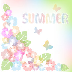Pastel summer background with flowers and butterfly.