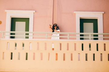 girl walking on stairs in hotel room