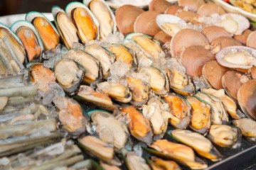 oysters or seafood on ice at asian street market