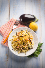 pasta with smoked salmon, eggplant and lemon peel