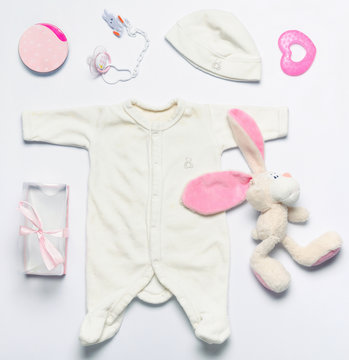 set of fashion trendy stuff and toys for newborn baby girl in so