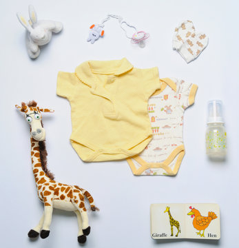 top view set of fashion trendy stuff and toys for newborn baby i